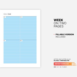 Week on Two Pages Overview, Undated Fillable Weekly Routine Chart, Printable Week at a Glance ...