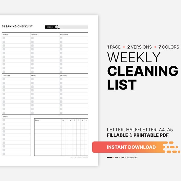 Weekly Cleaning List, Printable Chore Chart, Fillable To Do List, Home Organization Planner, Simple Daily Household Schedule PDF Template