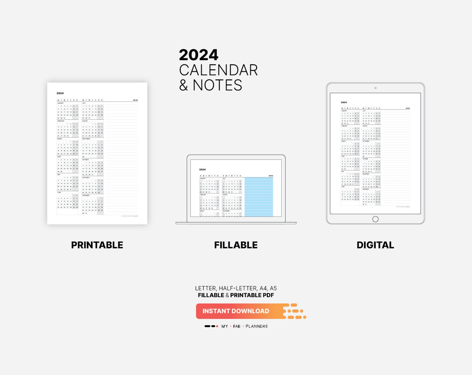 2024 Calendar & Notes Template, Printable New Year Ataglance Wall