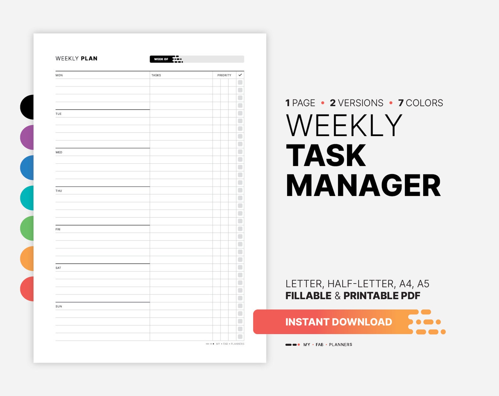 Weekly Task Manager Planner, Productivity to Do List Journal, Fillable ...