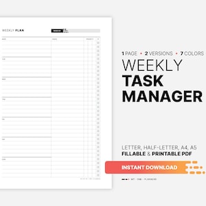 Planificador de tareas semanales, diario de lista de tareas pendientes de productividad, plantilla de seguimiento de lista de verificación de trabajo diario rellenable, carta imprimible, A4, A5 PDF