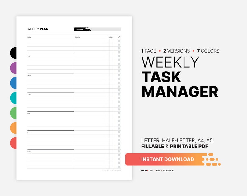 Weekly Task Manager Planner, Productivity To Do List Journal, Fillable Daily Work Checklist Tracker Template, Printable Haf-letter, Letter, A4, A5 PDF