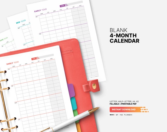 Yearly 4-month Calendar, Fillable Planner Template, Blank Yearly & Monthly  Digital Wall Calendar, Printable Letter, Half-letter, A4, A5 PDF - Etsy