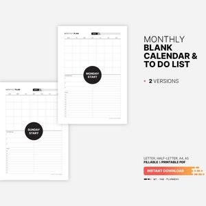 Blank Monthly Calendar & to Do List, Undated Month At-a-glance Planner ...