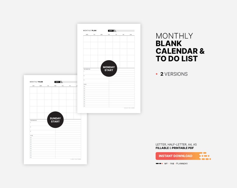 Blank Monthly Calendar To Do List Undated Month At a glance Etsy