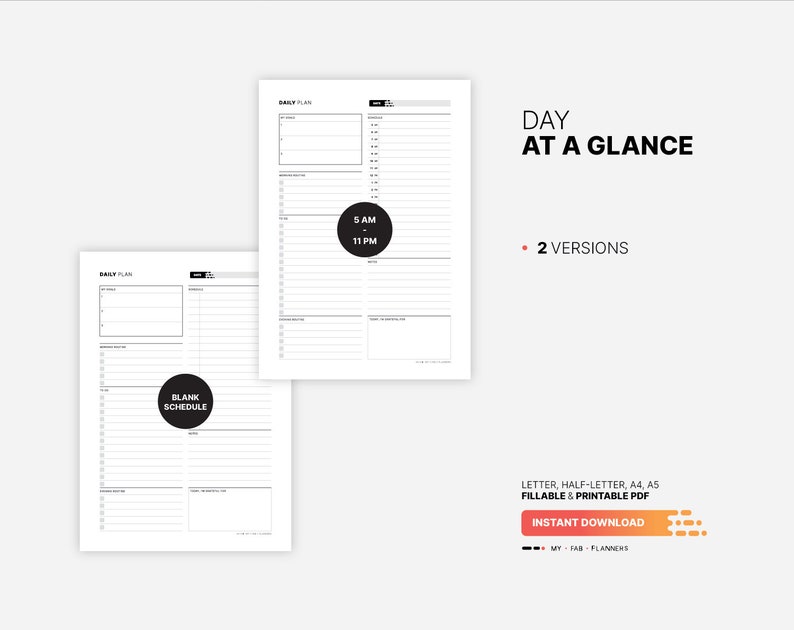 Day at a Glance, Printable Productivity Planner, Fillable Daily Goal ...