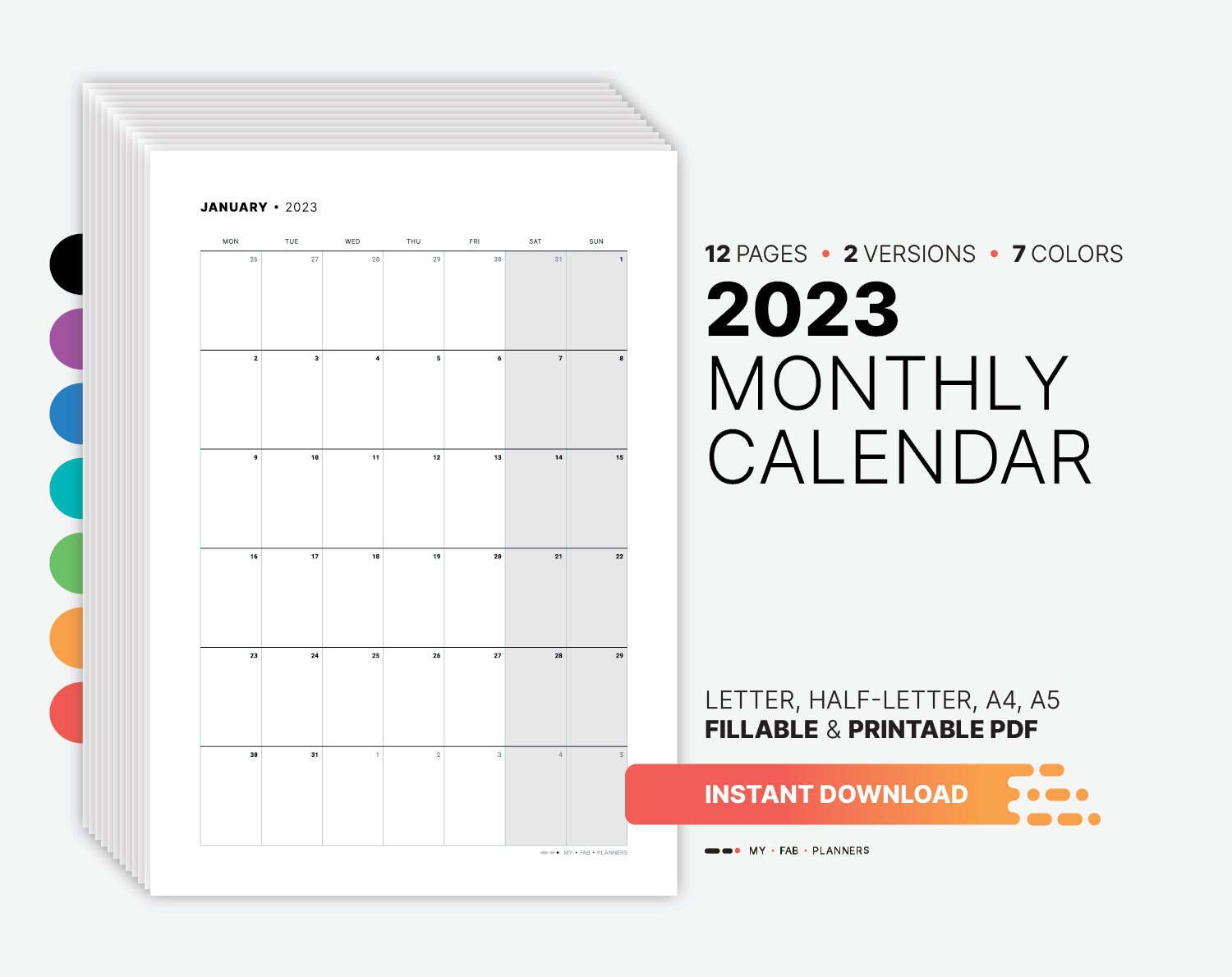 2023 Calendar Template Printable Monthly Planner Fillable - Etsy
