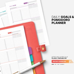 Daily Goal Setting & Planner, Pomodoro Tracker, Fillable Work Action Plan, Worksheet, Log, Organizer, Printable Letter, A4, A5 PDF Template