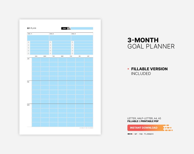 3-month Goal Planner &amp; Calendar, Fillable Yearly, Quarterly Goals ...