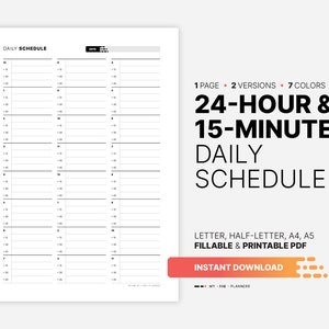 Planificador diario de 24 horas y 15 minutos, hoja organizadora de citas y franjas horarias rellenable sin fecha, carta imprimible, HL, A4, A5 PDF
