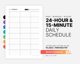 24 Hour 15 Minute Daily Schedule Planner, Undated Fillable Hourly Appointment & Time Slots Organizer Sheet, Printable Letter, HL, A4, A5 PDF