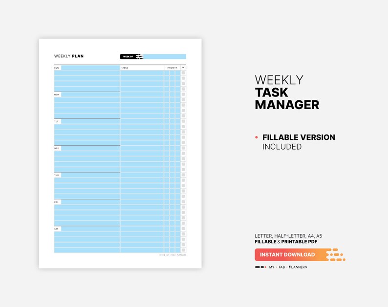 Fillable PDF Form Version Included for Weekly Task Manager Planner, Productivity To Do List Journal, Fillable Daily Work Checklist Tracker Template, Printable Haf-letter, Letter, A4, A5 PDF