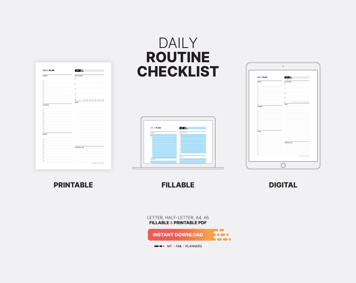 Daily Routine Checklist Tracker for Morning, Evening Journal, Fillable ...
