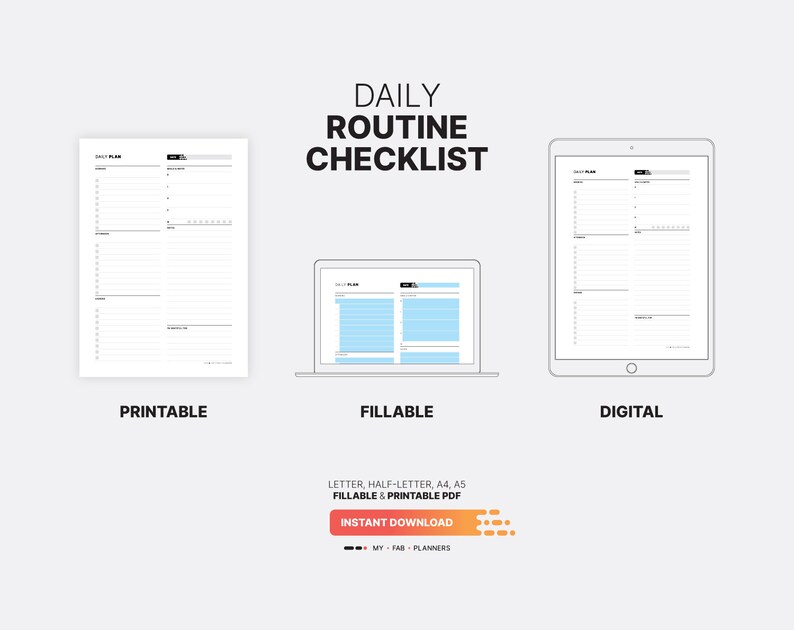 Daily Routine Checklist, Fillable Printable Planner (PDF) - Etsy
