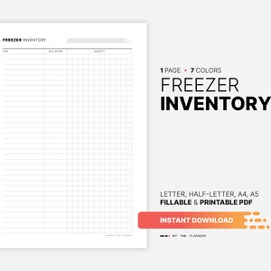Hoja de organización e inventario del congelador, lista de almacenamiento de alimentos y comidas en la cocina, rastreador, organizador, plantilla PDF rellenable en formato carta, A4 y A5