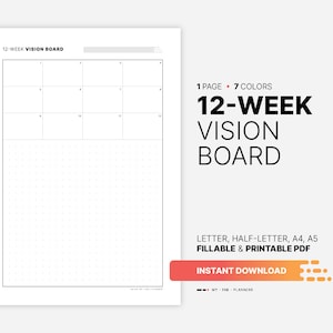 12 Week Vision Board, Fillable Goal Setting Overview Planner, Goals Action Plan Dashboard, Printable Letter, Half-size, A4, A5 PDF Template