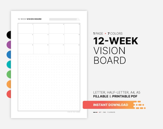 12-Week Vision Board, Fillable Goal Planner (PDF Template)