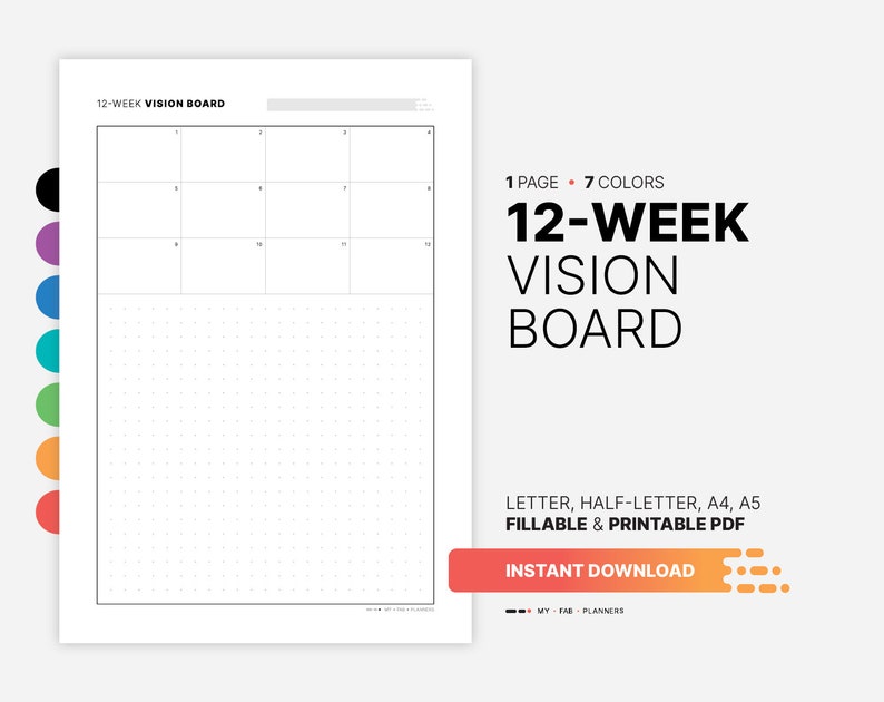12 Week Vision Board, Fillable Goal Setting Overview Planner, Goals Action Plan Dashboard, Printable Letter, Half-size, A4, A5 PDF Template