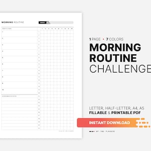 Ochtendroutine-uitdaging, checklistsjabloon 30 dagen gewoontetracker voor volwassenen, invulbare digitale maandplanner, afdrukbaar pdf-blad