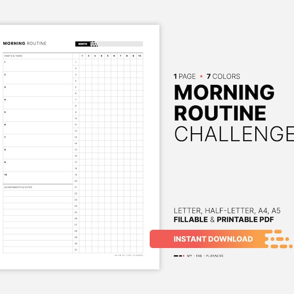 Morning Routine Challenge, 30 Day Habit Tracker Checklist Template for Adults, Fillable Digital Monthly Chart Planner, Printable PDF Sheet