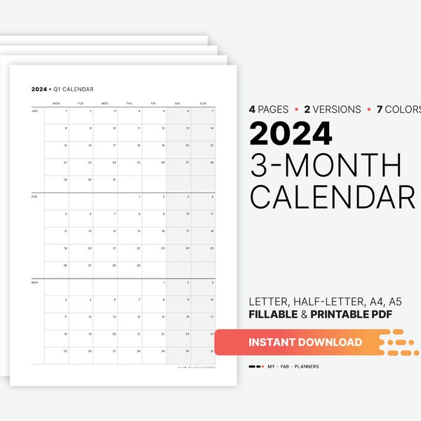 2024 3-Month Calendar, Yearly, Quarterly & Monthly Fillable Planner Template, Digital Goal Insert, Printable Letter, Half-letter, A4, A5 PDF