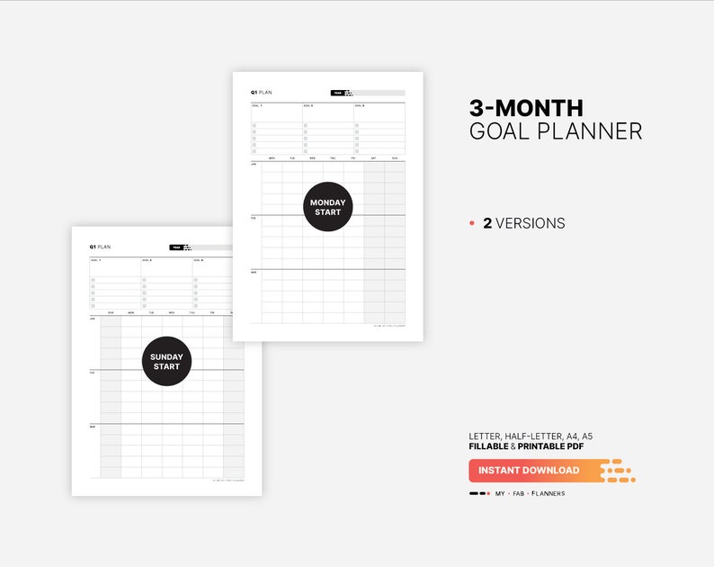 3-month Goal Planner &amp; Calendar, Fillable Yearly, Quarterly Goals ...
