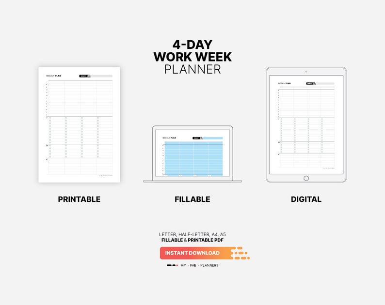 Printable, Fillable, Digital Download for 4-Day Work Week Planner, Printable Productivity Action Plan Tracker, Fillable Task Checklist Schedule, Digital Work from Home Letter, Half-letter, A4, A5 PDF Template