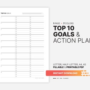 Lista de los 10 objetivos principales y plan de acción, tablero de establecimiento de objetivos, hoja de trabajo imprimible para diario de mapeo, plantilla PDF rellenable de 8,5 x 11, 5,5 x 8,5, A4, A5