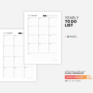 Yearly To Do List, Printable Monthly Task Checklist, Fillable Productivity Task Management Planner, Digital Year at a Glance, Letter, Half-letter, A5, A4 PDF Template