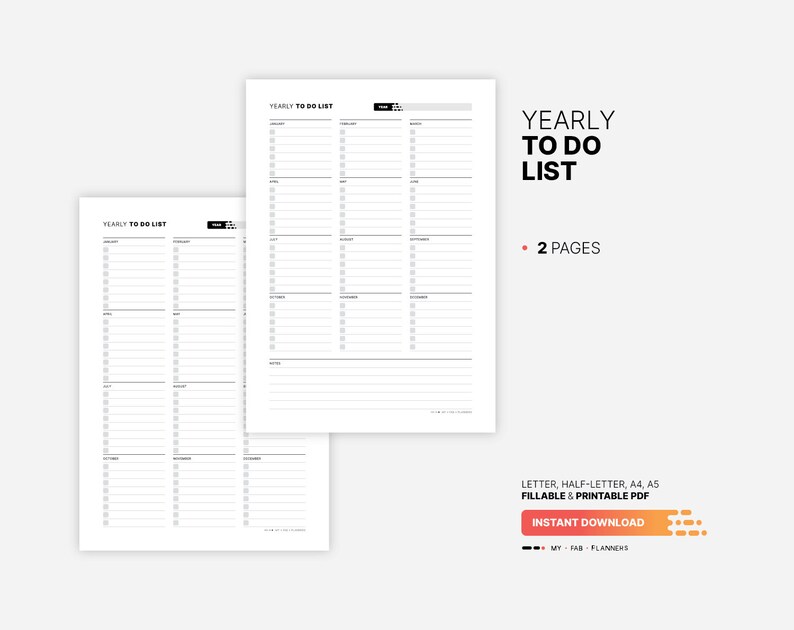 Yearly To Do List, Printable Monthly Task Checklist, Fillable Productivity Task Management Planner, Digital Year at a Glance, Letter, Half-letter, A5, A4 PDF Template
