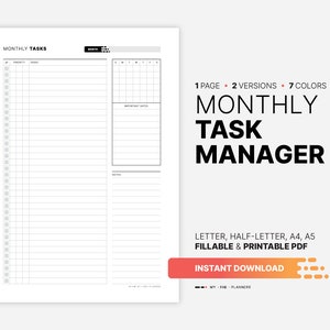 Maandelijkse taakmanager en planner, afdrukbare takenlijstsjabloon, Productiviteit thuiswerken, Takenschema voor volwassenen Tracker, invulbare pdf