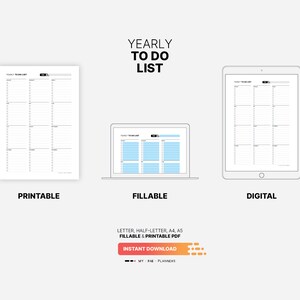Printable, Fillable, Digital Download for Yearly To Do List, Printable Monthly Task Checklist, Fillable Productivity Task Management Planner, Digital Year at a Glance, Letter, Half-letter, A5, A4 PDF Template