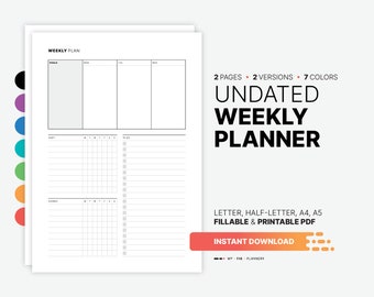 May include: Undated weekly planner printable in letter, half-letter, A4, and A5 sizes. The planner has two pages and two versions. It is fillable and printable in PDF format. The planner has a simple design with a black and white color scheme.