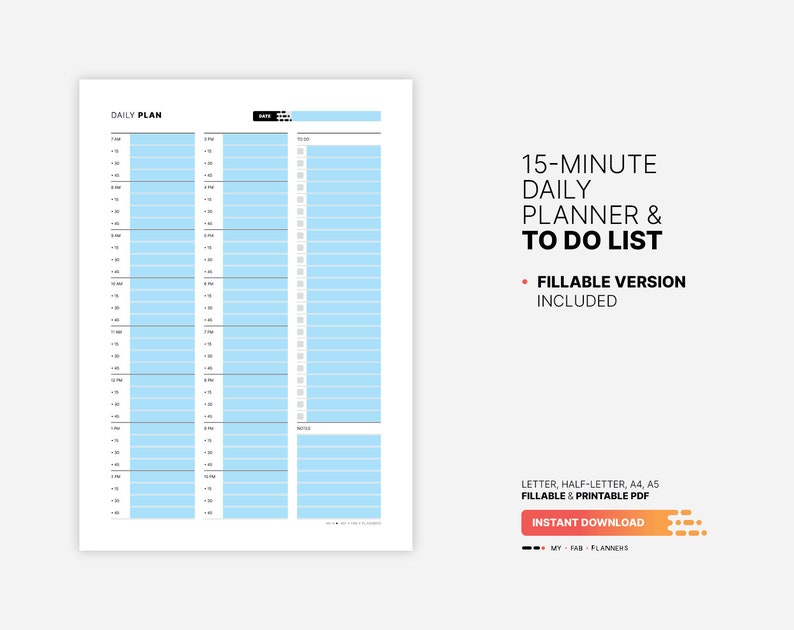 Fillable PDF Form Version Included for 15 Minute Daily Planner with To Do List Template, Fillable Time Slots Appointment Schedule, Undated Hourly Printable Letter, HL, A4, A5 PDF