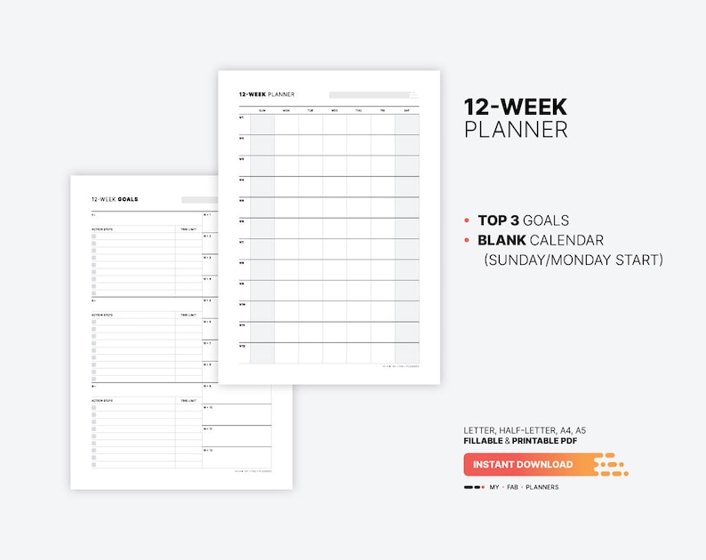 Included Pages: Top 3 Goals, Blank Calendar (Sunday and Monday Start) for 12 Week Planner, Vision Board Overview, Productivity Calendar, Daily Fillable Goal Tracker Template, Printable Half-size, Letter, A4, A5 PDF