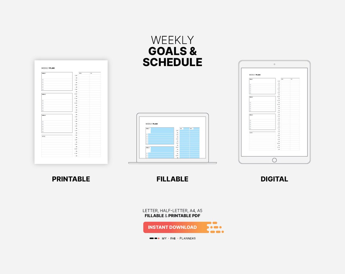 Weekly goals schedule planner printable work week etsy