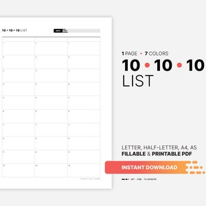 10-10-10 List, Intention Planner, Fillable Goal Setting (Digital PDF)