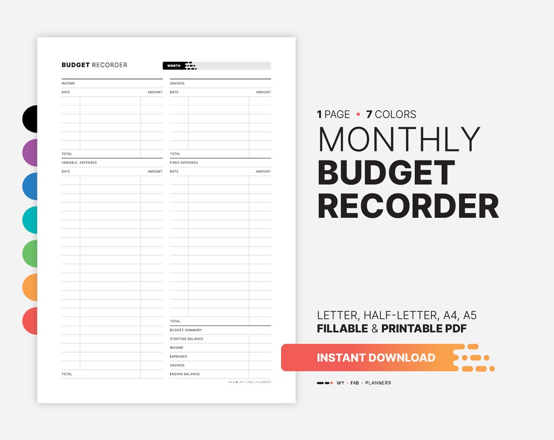 Monthly Budget Recorder, Fillable Financial Dashboard, Finance