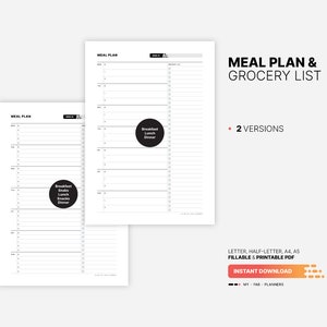 2 Versions: Sunday and Monday Start for Weekly Meal Plan & Grocery List Planner, Fillable Meal Idea Tracker, Grocery Checklist, Printable Letter, Half-letter, A4, A5 PDF Template