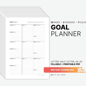 Goal Planner, Long Term Life Vision Board, Yearly, Quarterly, Monthly, Weekly, Daily Action Plan Calendar, Fillable Schedule, Printable PDF