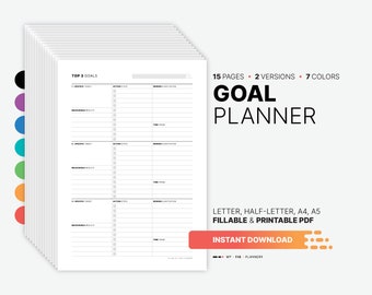 May include: A stack of 15 printable goal planner pages in various colors. The pages are designed to help you set and track your top 3 goals. The planner is available in letter, half-letter, A4, and A5 sizes.  The text on the page reads "TOP 3 GOALS".