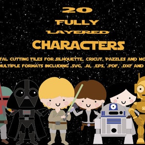 May include: 20 fully layered character digital cutting files for Silhouette, Cricut, Pazzles and more! In multiple formats including .SVG, .AI, .EPS, .PDF, .DXF and .GSD.