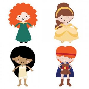 May include: Four cartoon characters, each with a different hairstyle and outfit. The characters are a girl with red hair and a green dress, a girl with brown hair and a yellow dress, a girl with black hair and a tan dress, and a boy with red hair and a blue cape.