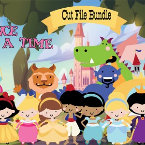 May include: A colorful illustration of characters from fairy tales, including a dragon, a wolf, a princess, a knight, and a witch. The text "Once Upon A Time" is at the top of the image, and the text "Cut File Bundle" is in a yellow banner at the top right.
