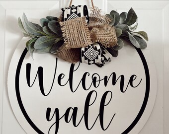 White welcome yall Door Hanger | Door wreath | Round door sign | Front door | Welcome | Home decor | simple | boho | farmhouse | aztec |