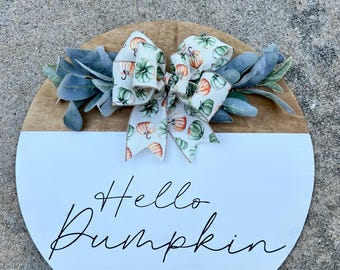 Hello Pumpkin | door hanger | fall | signs | round wood door hanger | autumn | white | brown | trendy