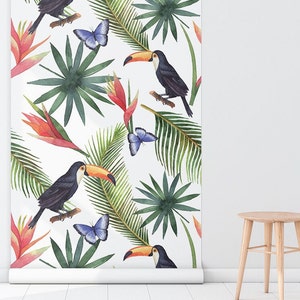 Toucans Jungle 184  - REMOVABLE WALLPAPER - Fern Green and Amaranth, Birds, Wallcovering, Self-Adhesive Fabric, Eco-Friendly, Exotic