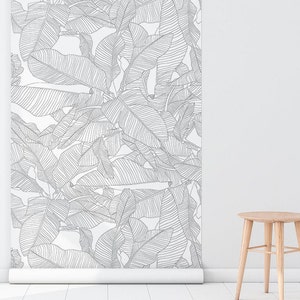 Banana Leaf Lineart 21 - CARTA DA PARATI RIMOVIBILE - Nero e Bianco Jet, Lineart, Stampa in vinile, Decorazione per la casa, Decorazione da parete, Alta qualità, Moderno