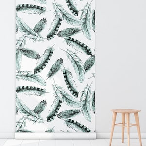 Watercolor Feathers 96  - REMOVABLE WALLPAPER - Mint and White, Plume, Home Decor, Interior Design, Peel and Stick, Exotic