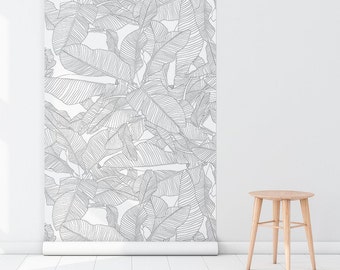 Banana Leaf Lineart 21  - REMOVABLE WALLPAPER - Jet Black and White, Lineart, Vinyl Print, Home Decor, Wall Decor, High Quality, Modern